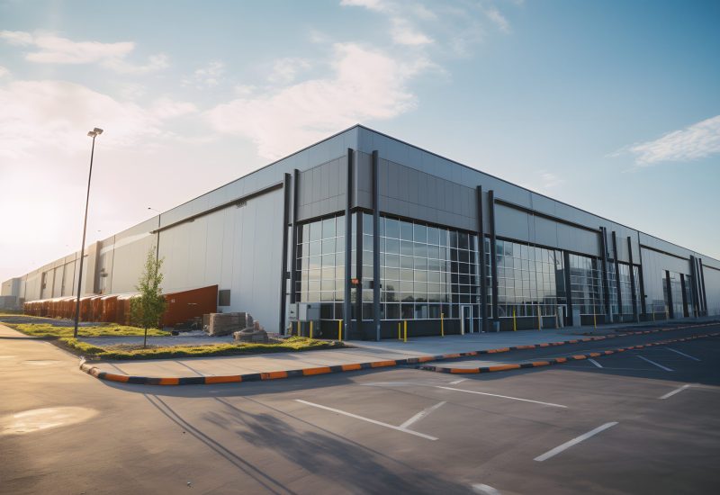 Logistics center, warehouse or large retail store under a blue sky. Generative AI